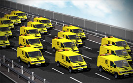 3D Render of Fleeet of AA Vans Driving Along Motorway